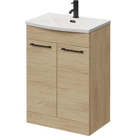 Napoli 390 Light Oak 600mm 2 Door Vanity Unit with Arc Basin - 600mm - Matt Black 160mm Handle