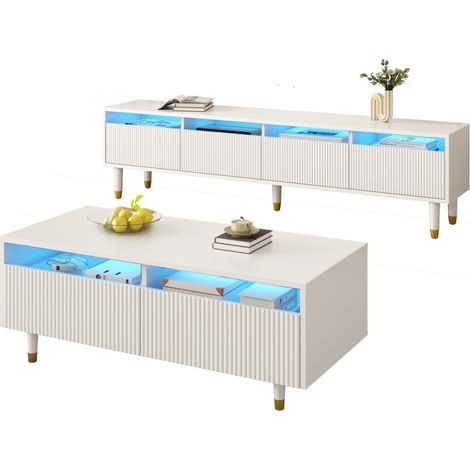 VVBV Ensemble meubles de salon, meuble TV, table basse, éclairage LED, Blanc, en MDF, grand espace de rangement (1/5)