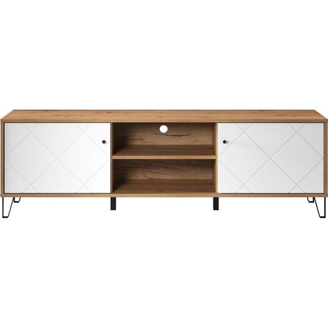 Touch Meuble TV 2 portes, 2 espaces ouverts, finition chêne, blanc mat. (1/5)