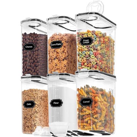 Lot de 6 boîtes de rangement hermétiques pour céréales avec couvercles, distributeurs de céréales en plastique pour cuisine et garde-manger, tasses à mesurer et 20 étiquettes (1/5)