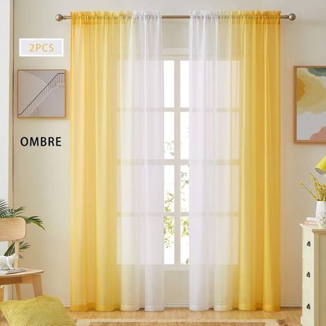Rideaux Transparents - Faux Lin - Jaune Dégradé - Réversibles - Passe-Tringle - Pour Chambre Et Salon - Lot De 2 (1/5)