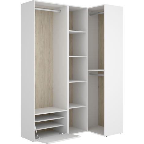 Pegane – Dressing d'angle avec portes à chaussures – Fond d'arrière réversible chêne naturel et blanc – Dimensions 1445x79x205 cm – Bois mélaminé (1/5)