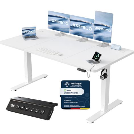 Bureau Assis Debout 160×70 cm, Rappel Posture, 2 Mémoires, Blanc (1/5)