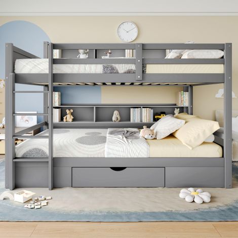 Lit superposé 90x200 cm, lit enfant avec tiroirs et rangement, lattes inclus, gris, sans matelas