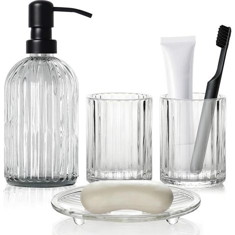 Ensemble Accessoires Salle De Bain - 4 Pièces - Verre Transparent - Distributeur Savon Et Porte-Brosse - Design Rayé (1/5)