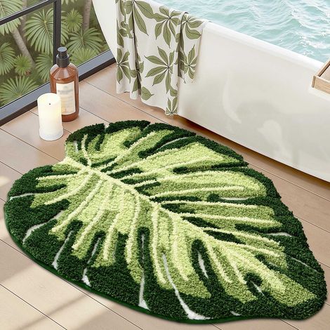 Bonita alfombra de baño, 50 cm x 80 cm, tamaño Monstera deliciosa, para cuartos de ducha, baños, dormitorios y habitaciones infantiles. (1/5)