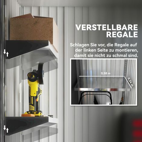 Abri de jardin, cabane de rangement extérieur en tôle ondulée, design mural, étagères réglables, porte verrouillable, Gris (1/5)