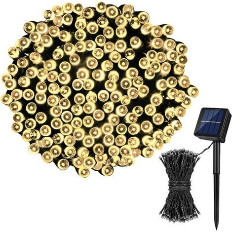 Guirlande lumineuse solaire étanche de 7 m, 50 LED, 8 modes d'éclairage blanc chaud, pour sapin de Noël extérieur. (1/4)