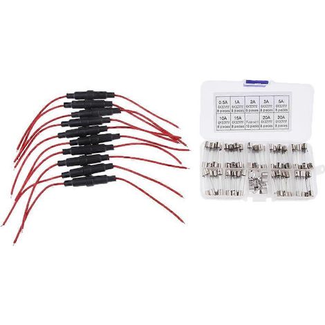Kit de 10 fusibles AGC 6x30 mm, calibre 16 AWG, avec porte-fusible en ligne et 72 fusibles en verre à action rapide (1/5)