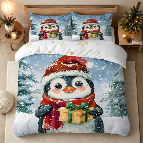 Noël Housse de Couette 200x200 Pingouin, Décoration Chambre - 200x200 cm + 2 Taies d'oreiller 65x65 cm (1/5)