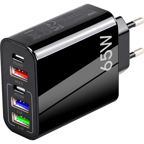 Chargeur USB C 65W 5 Ports, Chargeur Rapide QC 3.0, Adaptateur d'alimentation USB pour 15 14 13 12 11 Pro Max (1/5)