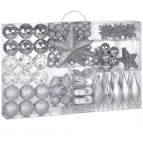CASARIA® 102 Pcs Christmas Tree Decorations Baubles, Santa Boots, Pine Cones, Chains & Stars Silver (1/5)