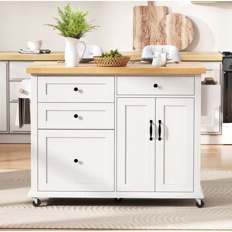 Mobile cucina su ruote con piano di lavoro estensibile, MDF bianco e naturale DESVIAE (1/5)