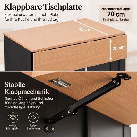 Desserte de Cuisine 110 cm plateau rabattable 2 tiroirs portes vitrées sur roulettes étagère latérale grand rangement (1/2)