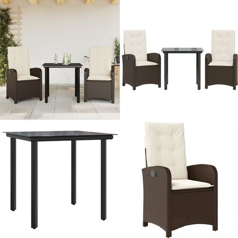 Ensemble à manger de jardin 3 pcs et coussins marron poly rotin - Chaise de jardin - Table de jardin (1/5)