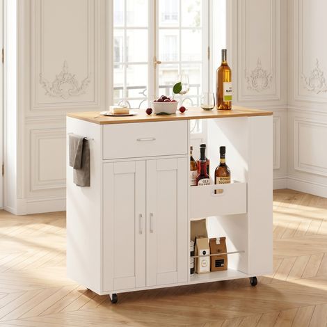 Îlot de cuisine avec 4 roulettes, Meuble de Cuisine Pratique et Mobile avec plateau bois, tiroir, étagères ouvertes et étagères à épices, desserte de cuisine, Blanc (1/5)
