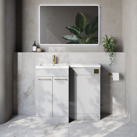 Napoli 390 Gloss Grey Pearl 1000mm 2 Door Vanity Unit Toilet Suite with Left Hand Square Lucia Basin - 1000mm - Brushed Brass 160mm HandleWithout Kingston Toilet Pan