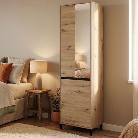 Armario 2 Puertas Monta, Ropero Dormitorio con Barra, 2 Estantes, 2 Puertas, 54.5x205.5h cm Roble Marrón Nodo (1/5)