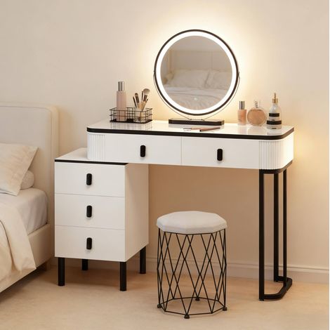 Coiffeuse avec miroir LED réglable, 5 tiroirs, tabouret inclus, blanc et noir HAVRYA (1/5)