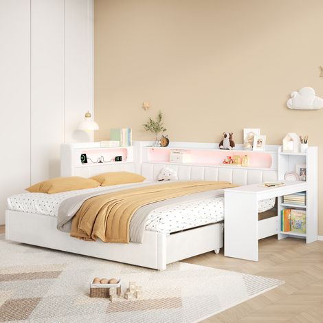 Banquette-lit extensible 90/180x200 cm, bureau intégré, éclairage LED 7 couleurs, ports USB, cadre rembourré, structure en bois, blanc (1/5)
