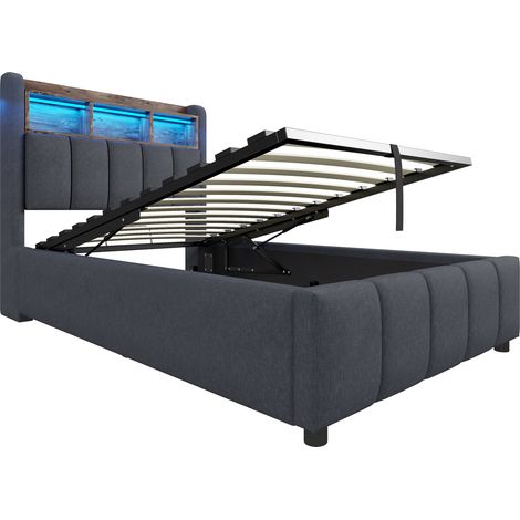 Gepolstertes Bett 90 x 200 cm mit LED, USB und Stauraum, Grau, mit Matratze (1/5)