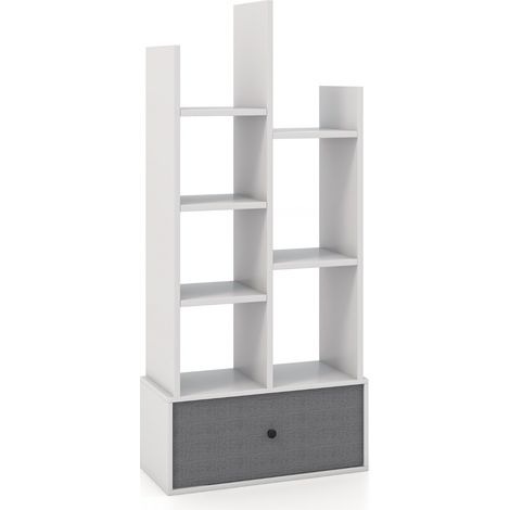 Libreria 7 piani cassetto 7 scomparti libreria espositiva legno 118 cm soggiorno Bianco (1/4)