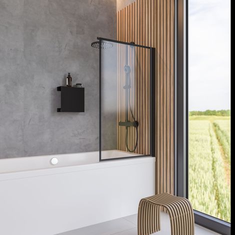 Schulte – Pare-baignoire pliant 80 x 140 cm – Verre de sécurité 5 mm – Paroi 1 volet pivotant – Profilé et cadre noir sérigraphié