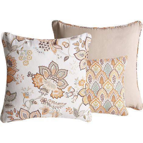 Lot de 3 Coussins Décoratifs en Coton 45/30 x 45/50 cm Motif Feuilles Orientales Multicolore et Beige Hopea