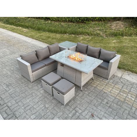 Fimous Light Grey Rattan FirePit Garden Furniture Set Gas Heater Burner Lounge Sofa Dining Table With Side Coffee Table 2 pc Stool (1/4)
