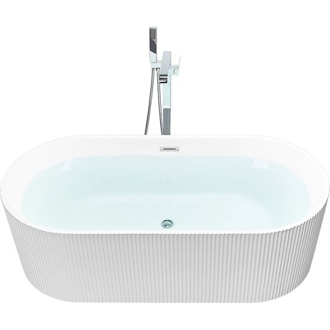 Beliani – Baignoire îlot ovale acrylique blanche cannelée 170 x 82 cm – Système de drainage avec contrôle de débordement – Pour 2 personnes (1/5)