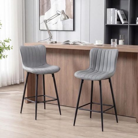 Lot de 2 tabourets de bar 63 cm, chaises de cuisine avec dossier ergonomique et assise rembourrée grise (1/5)