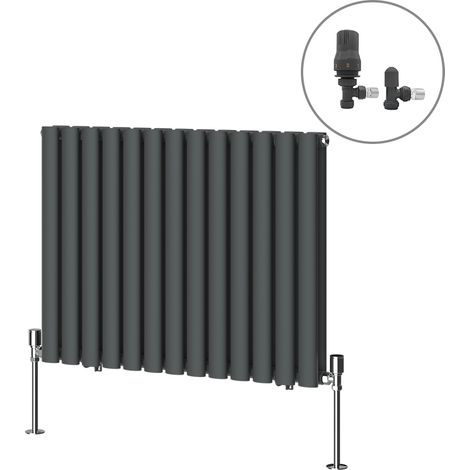 Designer Oval Column Radiator Central Heating Rad Anthracite with Angled Thermostatic Valves Horizontal Double 600x767mm (1/4)