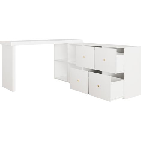 Escritorio esquinero giratorio 360° en MDF blanco con 4 compartimentos y 4 cajones HOMVRA (1/5)