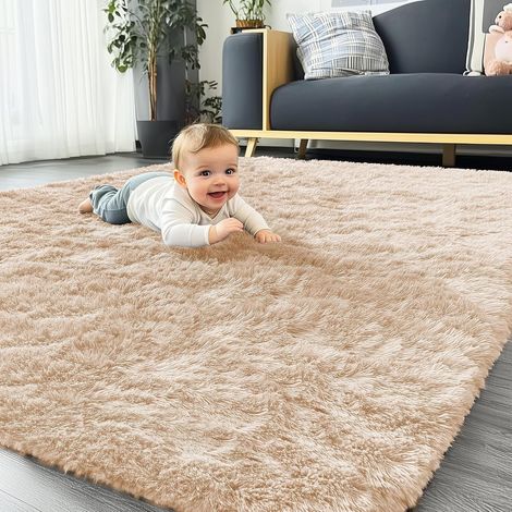 Tapis Moelleux à Poils Longs - Dessous antidérapant - Lavable - pour Le Salon, la Chambre d'enfant, la Chambre à Coucher - 80 x 150 cm, Beige (1/5)
