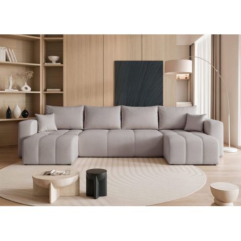 Wohnlandschaft mit Schlaffunktion Sofa LEROS in Stoff Manila Hellgrau
