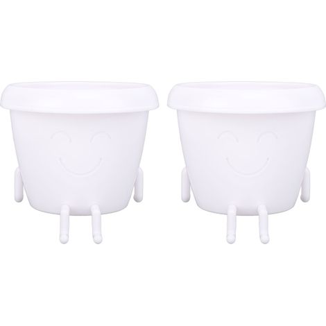 Lot de 2 pots de fleurs mignons pour plantes succulentes, en plastique, avec un joli visage souriant et un trou de drainage, pour jardin ou terrasse (blanc). (1/5)