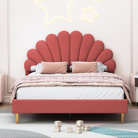 Letto matrimoniale 140x200 cm - Letto imbottito con testiera a fiore - Velluto, Rosso