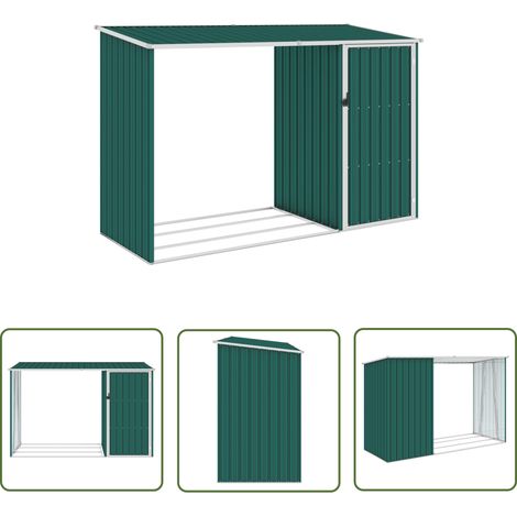 The Living Store Garten Brennholzlager Grün 245x98x159 cm Verzinkter Stahl - Gartenschuppen - Stahlausstattung - Außenaufbewahrung - Werkzeuglagerung - Wetterfest (1/5)