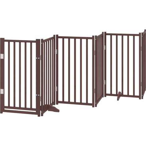 Barrière de sécurité pour chien animaux de compagnies avec porte 6 panneaux bois de sapin massif marron