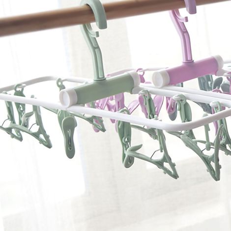 Étendoir à linge pliable en plastique, coupe-vent et antidérapant pour sous-vêtements et chaussettes, avec 12 pinces, pour usage domestique, couleur vert nordique. (1/5)