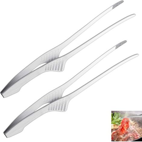 2 pinzas para barbacoa coreanas y japonesas, Pinzas de acero inoxidable para parrilla, Extremos antideslizantes dentados, Plateadas, 24,5 × 2 cm (1/5)