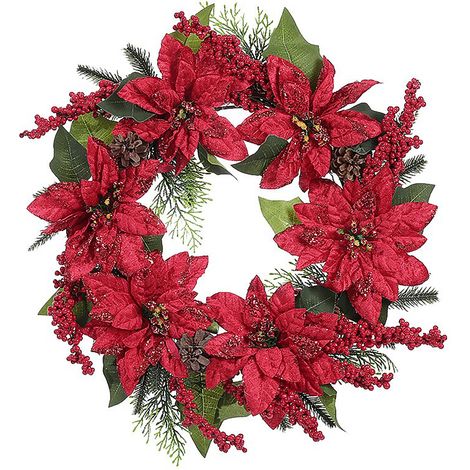 Couronne de Noël en tissu soie fleurs rouges artificielles déco mur porte entrée cheminée 50 cm 1 pièce (1/3)