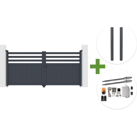 Portail battant 3m NEVIS H.140cm aluminium gris + 2 poteaux ELDA aluminium gris 15x15cm + motorisation Tanker B250 (1/5)