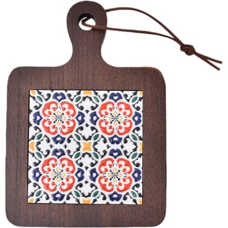 Dessous de plat en bois résistant à la chaleur avec poignée - motif floral vintage - bois de paulownia laqué - 20 x 14 x 1,5 cm - marron - 1 pièce (1/5)