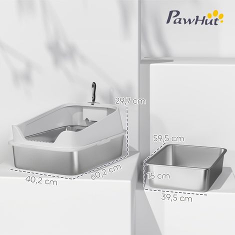 Bac à litière en inox avec racloir, rebords surélevés, idéal grand chat 7 kg, 60,2 x 40,2 x 29,7 cm, coloris gris (1/5)