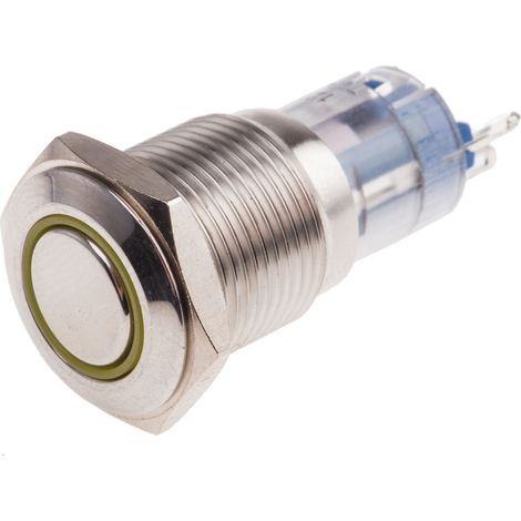 Bouton-poussoir, Momentané lumineux, LED Jaune, Unipolaire à deux directions (1RT), 3 A @ 250 V c.a., Chrome, Montage ( Prix pour 1 ) (1/2)