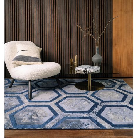 Marbled Rug for Living Room Bedroom Aurora AU19 Hexagon Geometric Quality Modern Abstract Soft Silky Shiny Blue Silver Rug in Medium 120x170 cm (4'x5'6") (1/4)