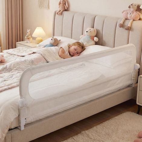Lot de 2 barrières de lit blanches pliables avec hauteur réglable, housse Oxford amovible et filet respirant pour lits enfant et (1/5)