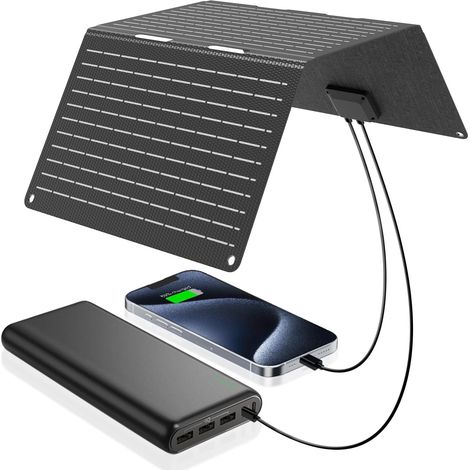 Panneau Solaire Pliable 30W Chargeur Solaire USB-A USB-C (5V3A) Chargeur Solaire Pliable pour Téléphone Portable Appareil, Station d'alimentation pour le Camping, Compatible étanche IP67 (1/5)