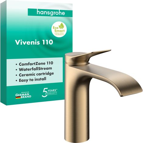 Mitigeur de lavabo sans vidage, robinet de salle de bain avec bec hauteur 110 mm, mitigeur lavabo économe en eau, bronze brossé (1/5)